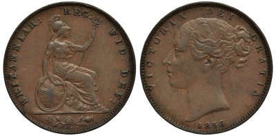 Великобритания 1 фартинг 1856 Виктория (1837-1901) KM 725, Spink 3950 медь 1523-1021