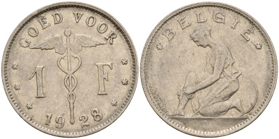 Бельгия 1 франк 1928/23 Belgie  KM 90 никель    4161-1155