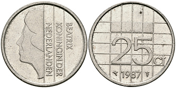 НИДЕРЛАНДЫ 25 ЦЕНТОВ 1987 БЕАТРИКС KM 204 никель 96-315