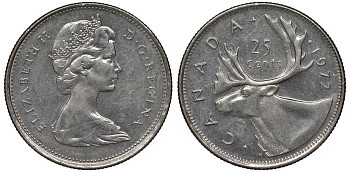 Канада 25 центов 1972 Елизавета II (1952-2022), олень KM 62 b никель 4128-643