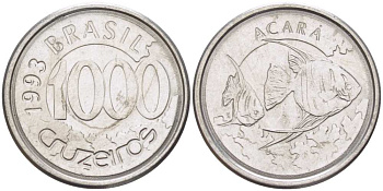 Бразилия 1000 крузейро 1993 реформа 1990-1993, рыбка Акара KM 626 нержавеющая стальь 26-1061