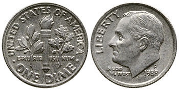 США 10 ЦЕНТОВ = 1 ДАЙМ 1988 P, РУЗВЕЛЬТ KM 195а медь плакированная медно-никелем 57-1232