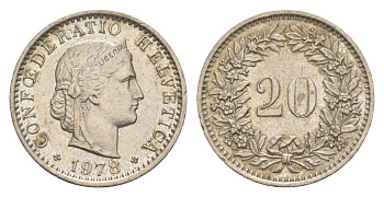 Швейцария 20 раппенов 1978 KM 29a медно-никель 4623-215