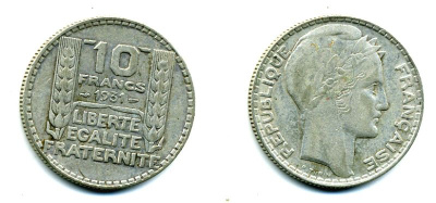 Франция 10 франков 1931 Пьер Тюрен KM 878, Le Franc 360.4 серебро 37-345