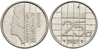 НИДЕРЛАНДЫ 25 ЦЕНТОВ 1987 БЕАТРИКС KM 204 никель 96-315