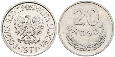 Польша 20 грошей 1977 MW, Народная Республика KM А47, Parchimowicz 208r алюминий aUNC 4580-662
