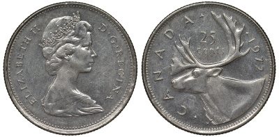 Канада 25 центов 1972 Елизавета II (1952-2022), олень KM 62 b никель 4128-643