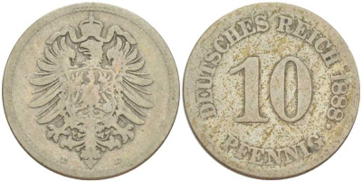 ГЕРМАНИЯ 10 ПФЕННИГОВ 1888 E, СТАРОГЕРБОВКА KM 4, J. 4, Weege 7 медно-никель 261-1227