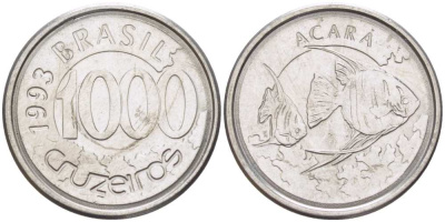 Бразилия 1000 крузейро 1993 реформа 1990-1993, рыбка Акара KM 626 нержавеющая стальь 26-1061