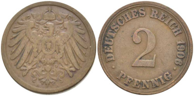 ГЕРМАНИЯ 2 ПФЕННИГА 1906 A KM 16, J. 11, Weege 4 медь 211-511