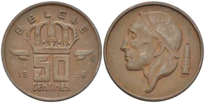 БЕЛЬГИЯ 50 САНТИМОВ 1958 BELGIE KM 149.1 бронза 4396-238