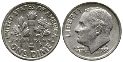 США 10 ЦЕНТОВ = 1 ДАЙМ 1988 P, РУЗВЕЛЬТ KM 195а медь плакированная медно-никелем 57-1232