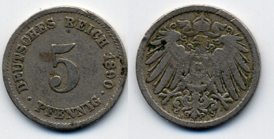 ГЕРМАНИЯ 5 ПФЕННИГОВ 1890 J, KM 11, J. 12 медно-никель 51-5056