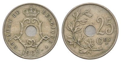 Бельгия 25 сантимов 1909 Belgique, Леопольд I (1865-1909) KM 62 медно-никель 4156-451