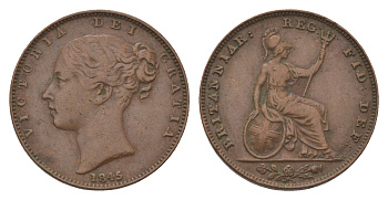 Великобритания 1 фартинг 1845 Виктория (1837-1901) KM 725, Spink 3950 медь 4627-627