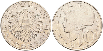 Австрия 10 шиллингов 1985 KM 2918 никель плакированный медно-никелем 4593-535