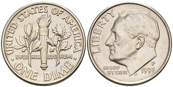 США 10 ЦЕНТОВ = 1 ДАЙМ 1997 P, РУЗВЕЛЬТ KM 195a медь плакированная медно-никелем 188-723