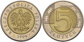 Польша 5 злотых 1994 MW KM 284 биметалл 93-342