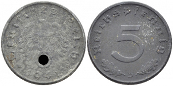 ГЕРМАНИЯ 5 РЕЙХСПФЕННИГОВ 1941 D, KM 100, J. 370 цинк 112-464