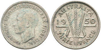 Австралия 3 пенса 1950 KG, Георг VI (1937-1952) KM 44 серебро 4585-266