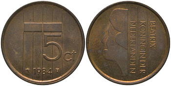 НИДЕРЛАНДЫ 5 ЦЕНТОВ 1984 БЕАТРИКС (1980-2013) KM 202 бронза 181-724