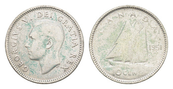 Канада 10 центов 1951 Георг VI (1936-1952), парусник KM 43 серебро 4639-557