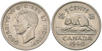 Канада 5 центов 1940 Георг VI (1936-1952), бобр KM 33 никель 4364-3042