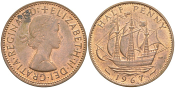 Великобритания 1/2 пенни 1967 Елизавета II (1952-2022) KM 896, Spink 4158 бронза 4544-156