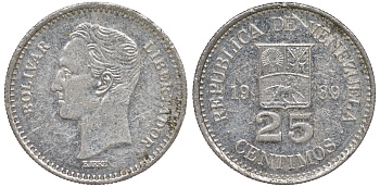 Венесуэла 25 сентимо 1989 Симон Боливар KM 50а сталь плакированная никелем 4594-411