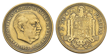 Испания 2,5 песеты 1953 (56) Франсиско Франко (1939-1975) KM 785 алюминиевая бронза 4538-335