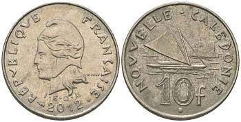Французская Новая Каледония 10 франков 2012 рыбачья парусная лодка, (IEOM) KM 11a, Schoen 13a, Lec 99k медно-никель 67-227