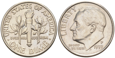США 10 ЦЕНТОВ = 1 ДАЙМ 1997 P, РУЗВЕЛЬТ KM 195a медь плакированная медно-никелем 188-723