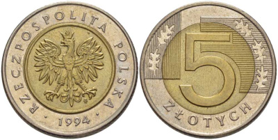 Польша 5 злотых 1994 MW KM 284 биметалл 93-342