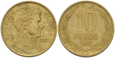 ЧИЛИ 10 ПЕСО 1991 KM 228.2 никель латунь 4364-3743