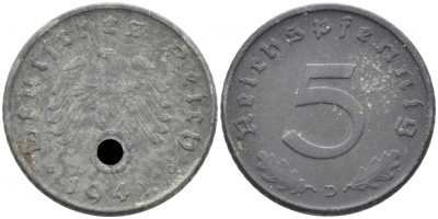ГЕРМАНИЯ 5 РЕЙХСПФЕННИГОВ 1941 D, KM 100, J. 370 цинк 112-464
