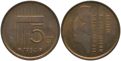 НИДЕРЛАНДЫ 5 ЦЕНТОВ 1984 БЕАТРИКС (1980-2013) KM 202 бронза 181-724