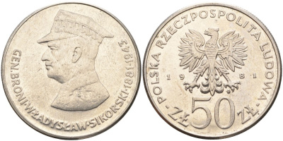 Польша 50 злотых 1981 MW, военачальники Второй мировой войны - Владислав Сикорский Y 122 медно-никель 88-632