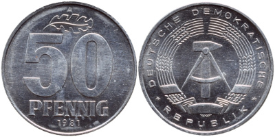 ГДР 50 пфеннигов 1981 А KM 12.2 алюминий UNC 4391-241