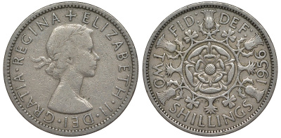 Великобритания 2 шиллинга (флорин) 1956 Елизавета II (1952-2022) KM 906, Spink 4146 медно-никель 4123-923
