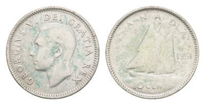 Канада 10 центов 1951 Георг VI (1936-1952), парусник KM 43 серебро 4639-557