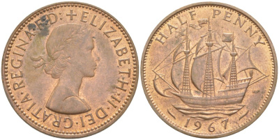 Великобритания 1/2 пенни 1967 Елизавета II (1952-2022) KM 896, Spink 4158 бронза 4544-156