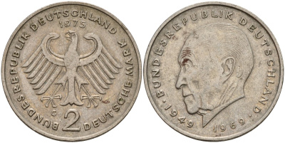 ФРГ 2 марки 1975 G, Конрад Аденауэр, 20 лет Федеративной Республике (1949-1969) KM 124, J. 406 медно-никель 4187-815