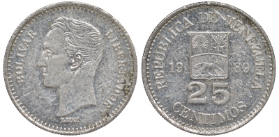 Венесуэла 25 сентимо 1989 Симон Боливар KM 50а сталь плакированная никелем 4594-411