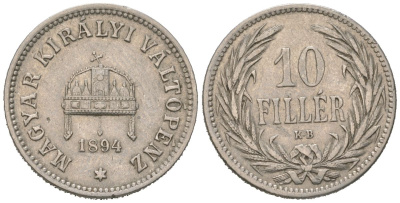 Венгрия 10 филлеров 1894 KB, Франц Иосиф I (1848-1916) KM 482 никель 192-251