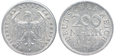 Германия 200 марок 1923 D KM 35, J. 304, Weege 22 алюминий 4604-556