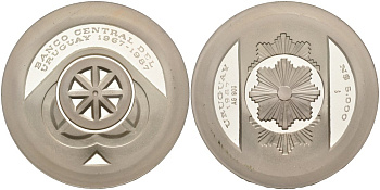 Уругвай 5000 песо 1987 20 лет Центральному банку (1967-1987), в коробке KM 91 серебро PROOF 00-00