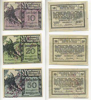 АВСТРИЯ, ВАЧАУ НАБОР ИЗ 3 БАНКНОТ 1920 30 СЕНТЯБРЯ 1920, НОТГЕЛЬД, 10, 20, 50 ГЕЛЛЕРОВ, SPITZ A/D DONAU, ПЕРВЫЙ ВЫПУСК, ЗАМОК KUINE AGGSTEIN, КРАСНАЯ ПЕЧАТЬ НЕДЕЙСТВИТЕЛЕН бумага aUNC 70-21-3
