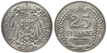 Германия 25 пфеннигов 1909 D, цена по каталогу МТ 30 евро KM 18, Weege 12, J.18 никель UNC 71-1116