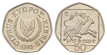 Кипр 50 центов 1993 похищение Европы KM 66 медно-никель UNC 4652-416