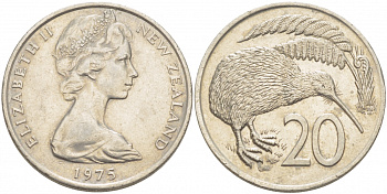 Новая Зеландия 20 центов 1975 Елизавета II (1952-2022), птичка киви KM 36.1 медно-никель UNC 215-142
